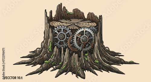 Conceptual artwork featuring an old tree stump with intricate gear mechanisms embedded inside