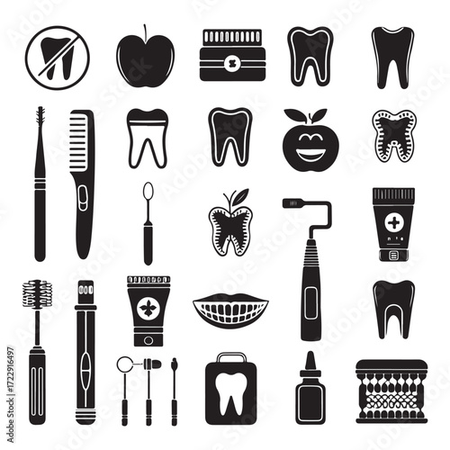 Dental Health Icons, A comprehensive set of black silhouette vector icons related to dentistry and oral care, including various tooth conditions and tools (3).eps