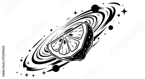 Cosmic citrus: A stylized slice floating among stars and swirling galactic patterns