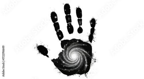Cosmic imprint: a handprint illustration filled with galaxy swirling stardust and black voids