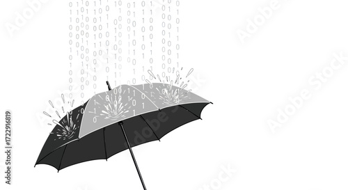 Data protection concept illustration, umbrella safeguarding from digital rain and cyber threats