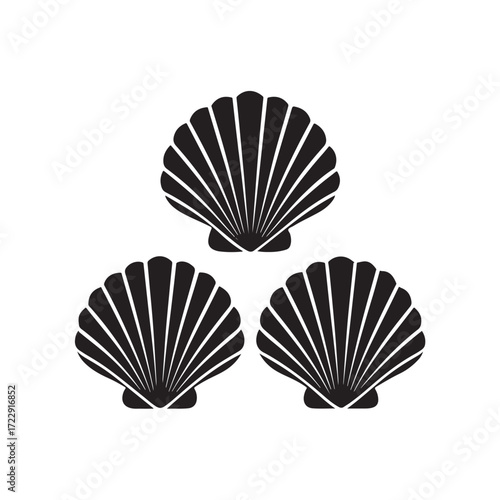 Minimalist seashell icons, scallop shells black silhouettes black colour vector design and white background (3).eps