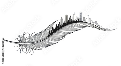 Delicate balance conceptual artwork featuring an urban skyline atop a graceful feather