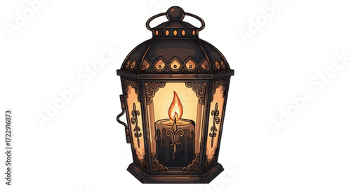 Detailed illustration of a vintage lantern with a burning candle casting warm light