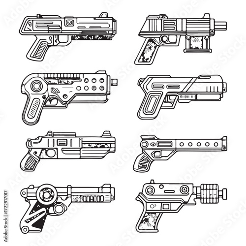 Sci-Fi Weapon Icons, A set of nine futuristic handgun and blaster outline vector icons (1).eps