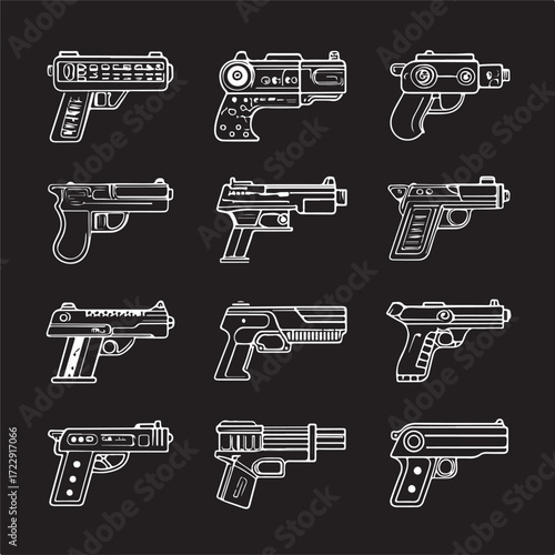 Sci-Fi Weapon Icons, A set of nine futuristic handgun and blaster outline vector icons (3).eps
