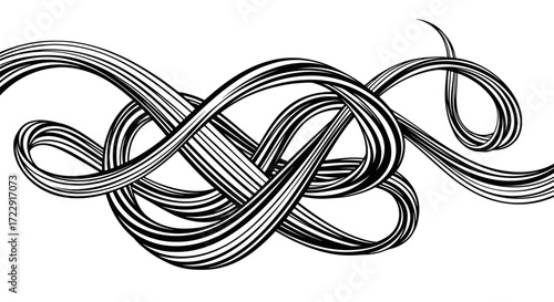 Dynamic black and white line art creation evoking movement fluidity and depth intertwining shapes