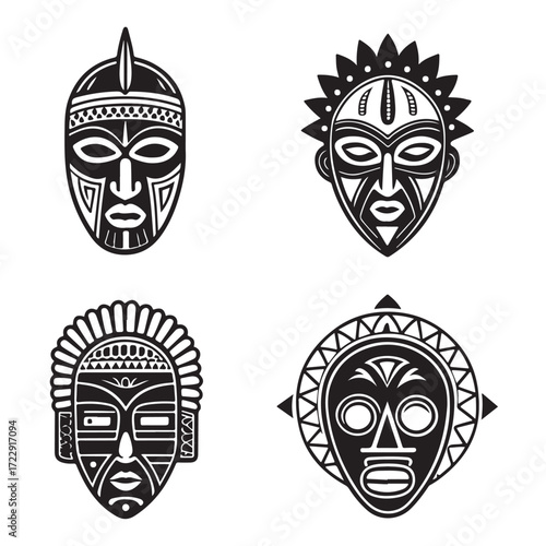 Set of African Tribal Masks Silhouettes Ethnic Cultural Icons (2).eps