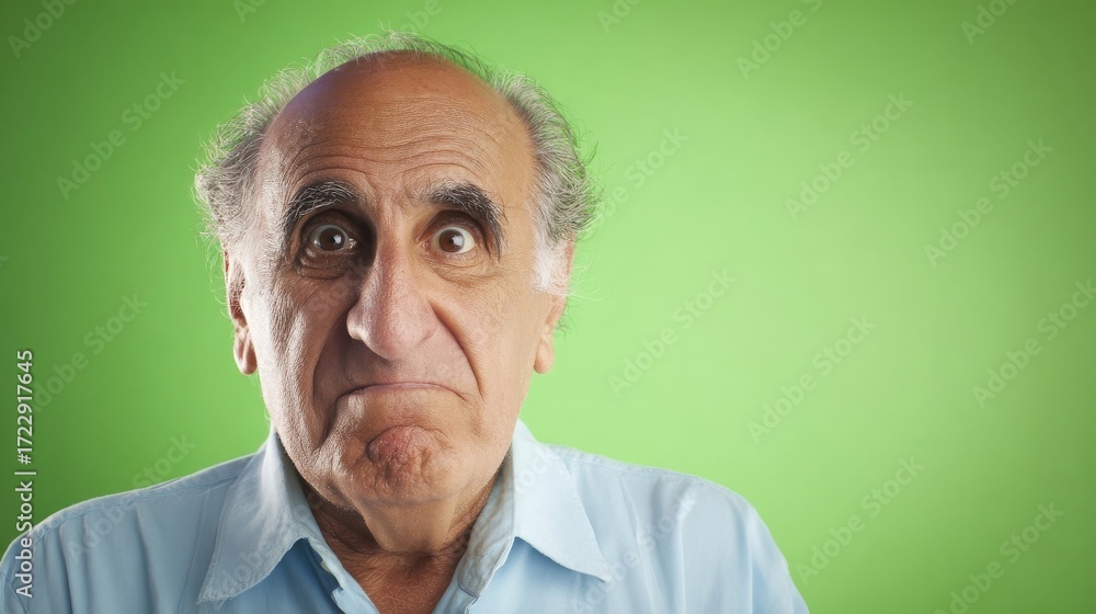 Fototapeta premium An elderly man with exaggerated facial expressions stands against a vibrant green background,