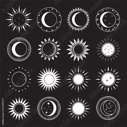 Sun and Moon Icons, A versatile collection of 12 black and white sun and moon phase vector graphics, in solid and outline styles (3).eps