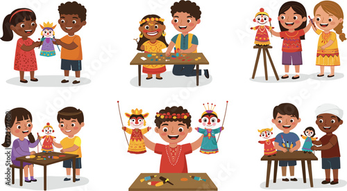 Cartoon children making puppets, cultural kids craft activity, puppet show preparation, handmade toys, fun classroom learning, teamwork art project, educational illustration