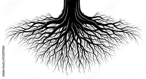 Illustrative roots system conveying depth stability and underground connectivity in monochrome