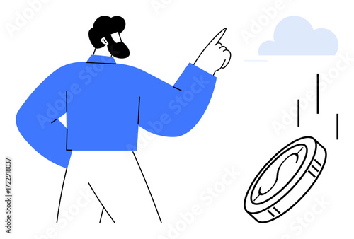 Man pointing to cloud with falling coin symbolizing technology, finance, and innovation. Ideal for business, investment, savings, analytics, fintech success technology. Clear and simple flat