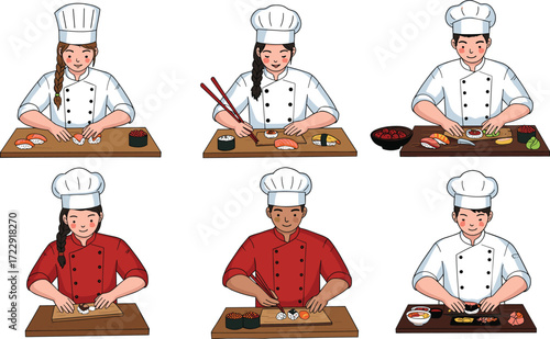 Smiling chefs preparing delicious sushi rolls and Japanese dishes, traditional Asian cuisine with rice, seafood, chopsticks, gourmet dining, culinary culture