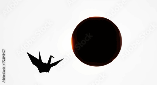 Minimalist composition of origami crane silhouette contrasting with dark circular element