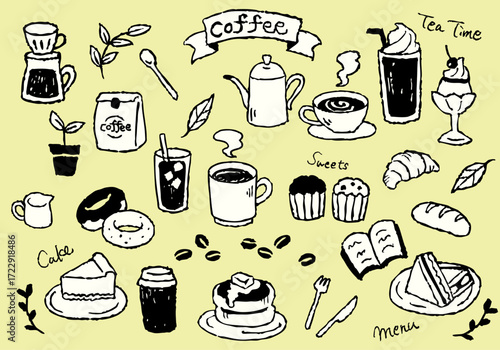 カフェイラストセット／手描き風のコーヒーとスイーツ
