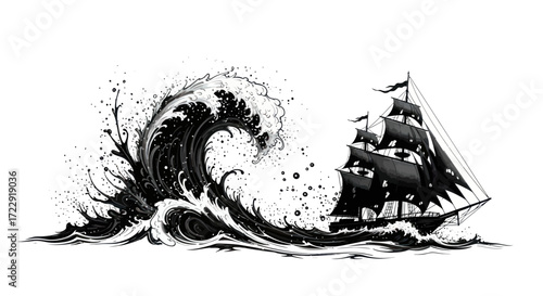 Monochrome vintage sailboat navigates through a turbulent wave in ocean voyage