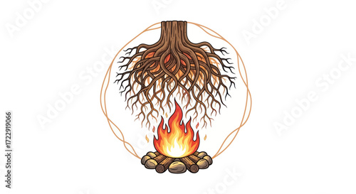 Mystical depiction of nature's elements a tree's roots intertwining with a vibrant campfire scene