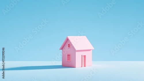 Pink model house on a blue background with soft shadows creating a playful atmosphere