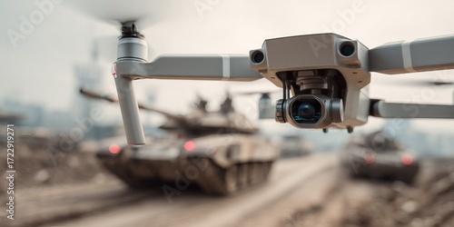Military drone monitors armored tank movements during training exercise in urban environment