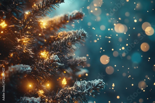 Wallpaper Mural Background for a Christmas, New Year or winter card. Holiday banner. Green pine branches decorated with garland and covered in frost on a blurred, green background with a bokeh effect. Copy space Torontodigital.ca