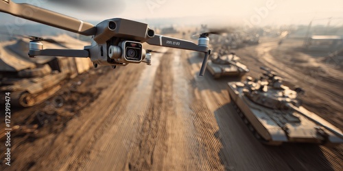 Drone captures military vehicles on a rugged terrain during a late afternoon mission near a conflict zone