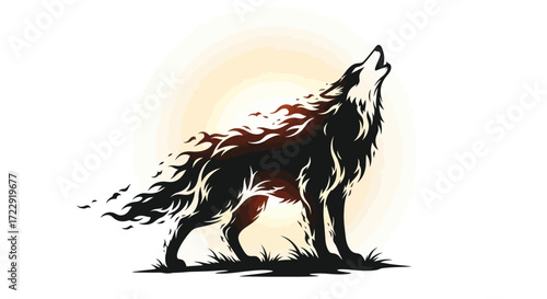 Silhouette of a majestic wolf howling with fiery mane under a soft sunset backdrop design