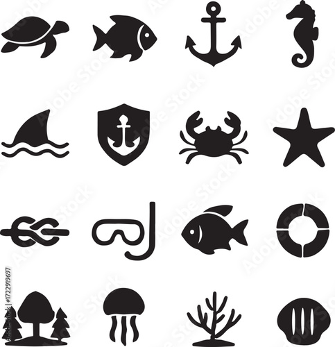 Black and White Nautical and Oceanic Iconography A Collection of Marine Symbols and Sea Themed Graphics for Decoration and Design Representing Aquatic Elements