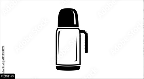 Sleek monochrome thermos illustration capturing the essence of portable hydration and warmth on