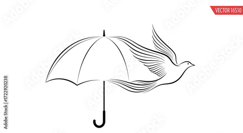 Stylized vector art featuring a minimalist black-and-white umbrella silhouette and a graceful bird