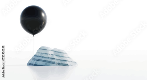 Surreal Composition of Black Balloon Ascending from Striped Rock Formation Landscape