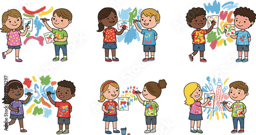 Children painting colorful art together, kids drawing creativity illustration, teamwork activity, school art class, preschool painting fun, creative learning education