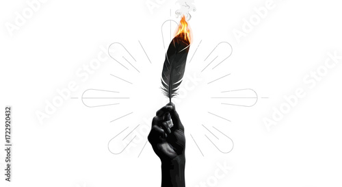 Symbolic illustration featuring a burning feather held by a hand against radial lines