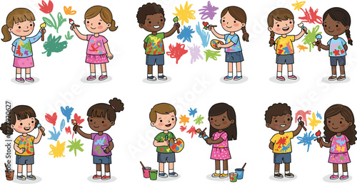 Happy children painting colorful art, kids drawing creativity illustration, group activity, art class, teamwork, preschool and school art education