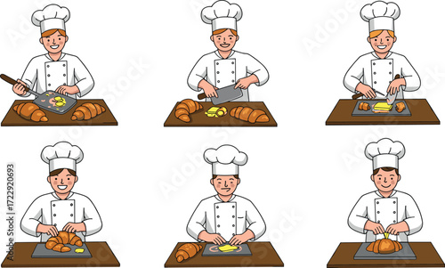 Cartoon chefs making croissant with butter, bakery pastry preparation illustration, professional bakers cooking bread, kitchen food process, breakfast baking concept