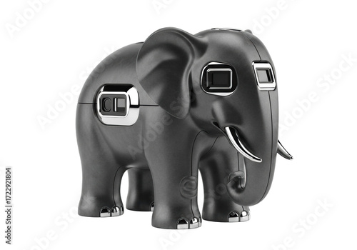 A meticulously crafted charcoal grey metal elephant money vessel with sleek chrome sensors, isolated on a transparent background with copy space. Concept of financial security and advanced technology