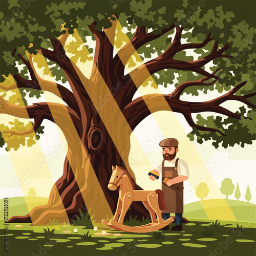 Craftsman lovingly refines wooden rocking horse beneath ancient oak tree.