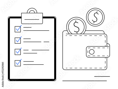 Black-and-white clipboard with checkmarks paired with wallet holding coins, symbolizing organization and money management. Ideal for budgeting, saving, planning, goals, efficiency, strategy