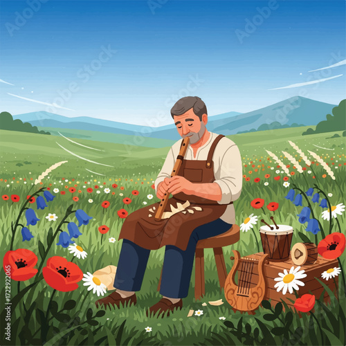 Elderly craftsman meticulously carving a wooden flute amidst a vibrant wildflowers meadow, mountains in the background.