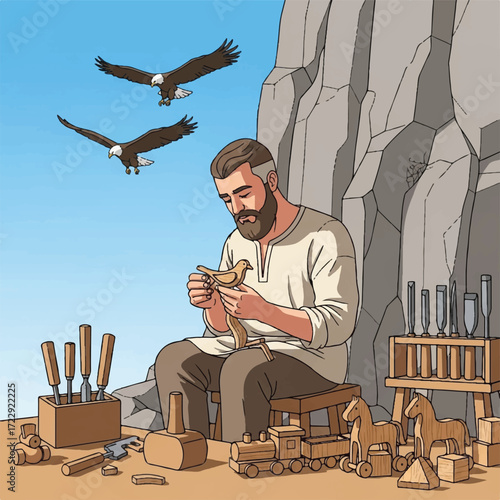 Bearded craftsman meticulously carves wooden bird, eagles soar above rocky outcrop.