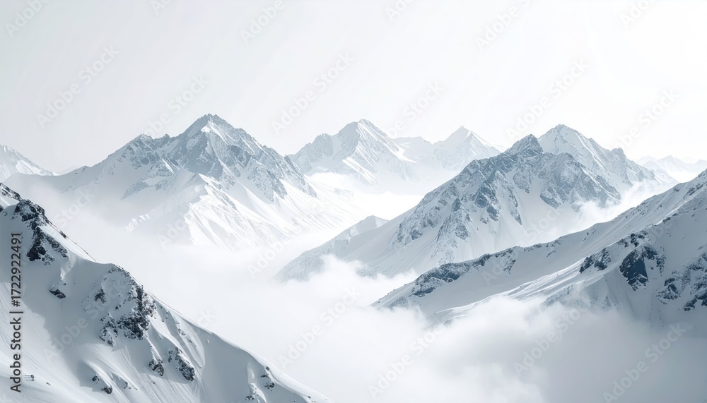 Obraz premium Snow-covered mountain peaks rise above a sea of clouds, creating a serene and majestic winter landscape under a soft, overcast sky