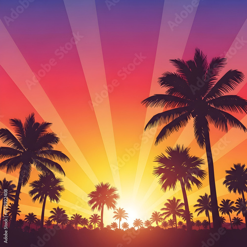 Palm Trees Silhouetted Against Vibrant Sunset Sky with Rays