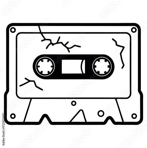 Vintage cassette tape outline with cracks