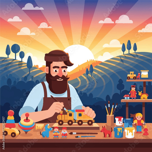 Bearded craftsman meticulously paints wooden toy train, surrounded by other handcrafted toys in his rustic workshop at sunset.