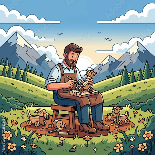 A craftsman meticulously carving a wooden toy, surrounded by finished creations and a serene mountain landscape.