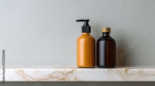 Wallpaper Mural Stylish Liquid Soap Dispenser Bottles on Marble Shelf in Modern Interior Torontodigital.ca