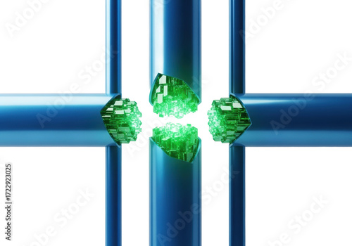 Three highly polished cerulean blue energy conduits on white; central one fractured, revealing glowing emerald green crystalline filaments, concept of advanced energy technology