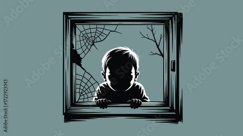 Spooky illustration of a child looking out of a window with a cobweb and bare tree branches, perfect for Halloween and horror themes