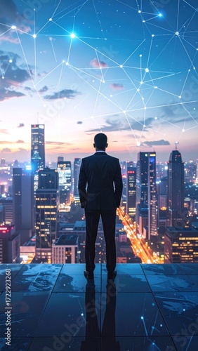 Person gazes at a cityscape at dusk, connected by a luminous digital network overhead, standing atop reflective tiles