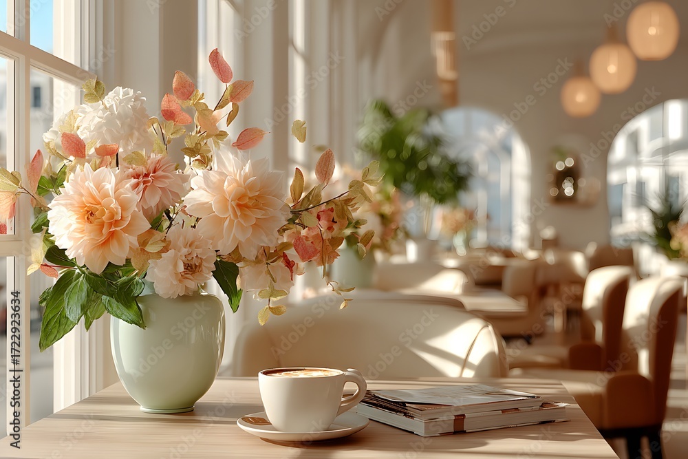 Fototapeta premium Autumn cafe table with flowers and coffee